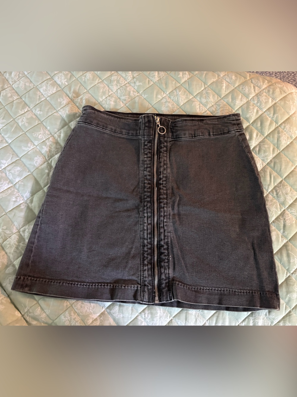 Black Front-Zip Denim Mini Skirt